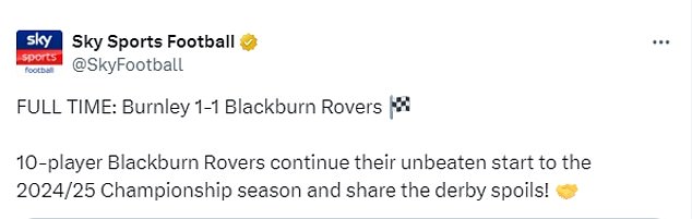 Sky Sports shared a post on social media after the end of the match in which reference was made to Blackburn Rovers 