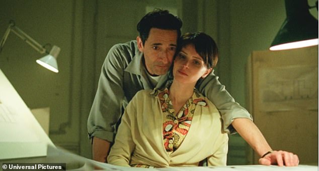 Adrien's film, The Brutalist, chronicles 30 years in the life of Laszlo Toth (Adrien), a Hungarian-born Jewish architect who survived the Holocaust (pictured: Adrien and Felicity Jones in the film)