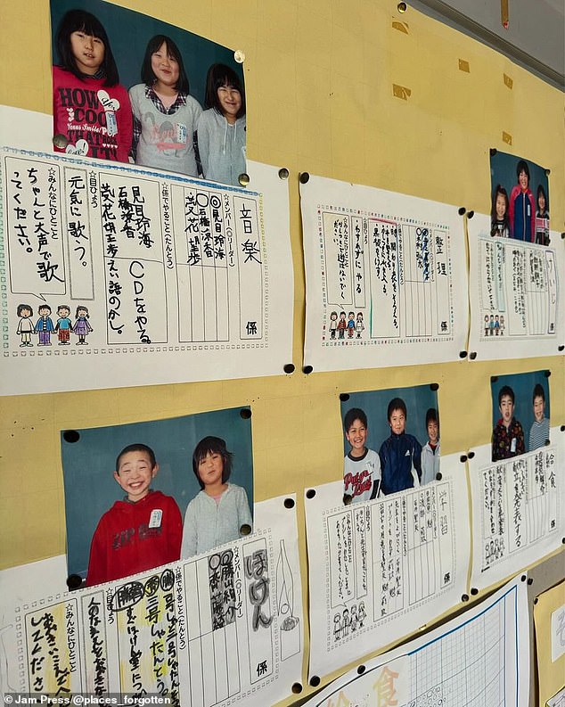 Pictures of former students and homework remain hanging on the school walls.