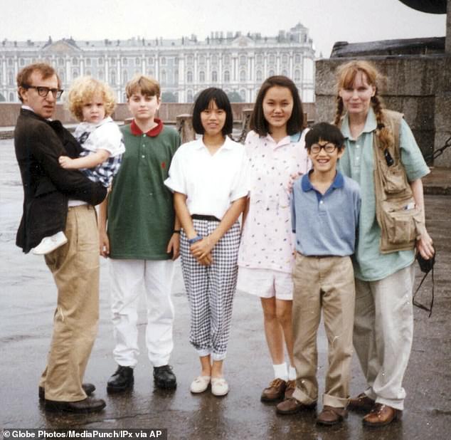 Farrow felt understandably betrayed when she discovered Woody's (left) secret affair with her 21-year-old adopted daughter, Soon-Yi Previn (3rd right), in January 1992 and, seven months later, publicly accused him of sexually abusing her seven-year-old adopted daughter, Dylan Farrow.