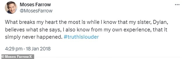 And while Dylan, 39, stands by the allegations, her brother Moses, 46, has publicly denied she was ever abused and alleged Mia had abused him in a 2018 WordPress post.