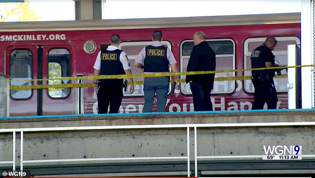 Pictured above are officers investigating the scene of a shooting that left four homeless people dead.