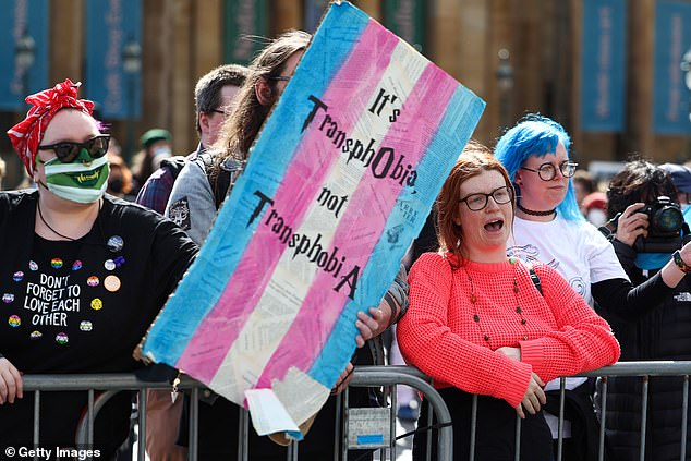 Transgender rights protesters disrupt a Let Women Speak rally on April 6, 2024 in Edinburgh