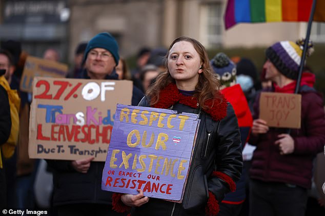 Trans rights activists protest at a talk on gender identity held at Portobello Library on 14 March 2023 in Edinburgh