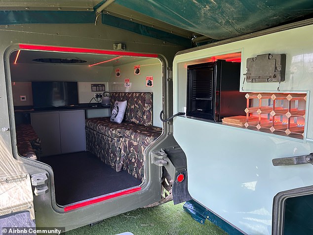 The tank door contains a refrigerator and a wine rack, and the interior houses cupboards, a double stove, a kettle and a toaster. The benches, meanwhile, convert into a double bed.