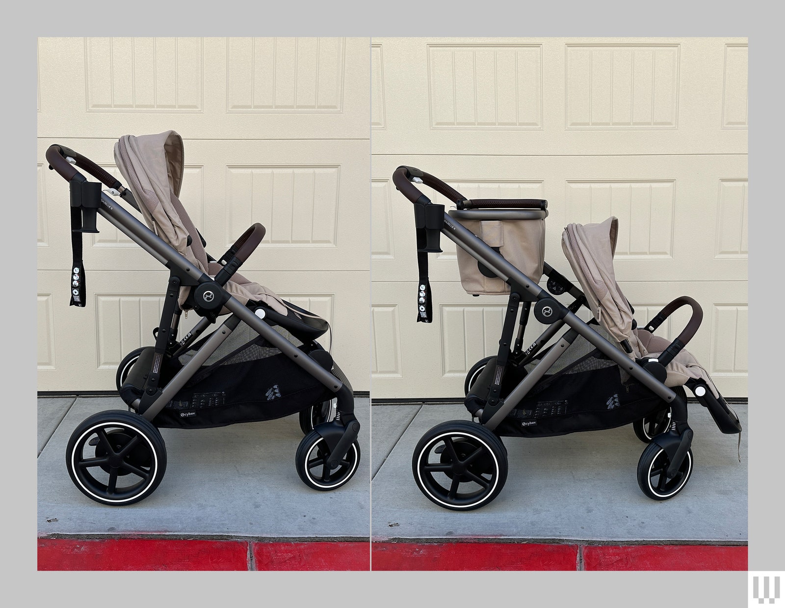 Two side views of the same stroller comparing how it looks with and without the top basket