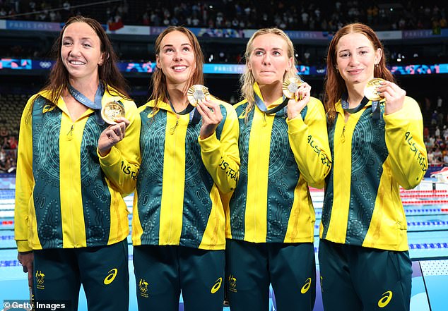 Brianna pictured alongside Mollie O'Callaghan, Lani Pallister and Ariarne Titmus of Team Australia at the Paris Olympics on August 1.