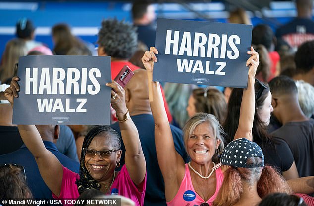 Two women hold signs supporting Harris-Walz's presidential bid during the vice president's campaign stop in Detroit on Aug. 7, 2024.