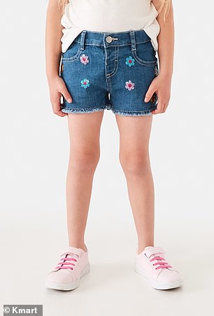 The $15 girls' sequined denim shorts (pictured) appeared to barely reach mid-thigh.