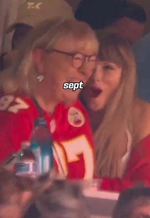 Swift is seen celebrating with Travis Kelce's mother, Donna, in the clip