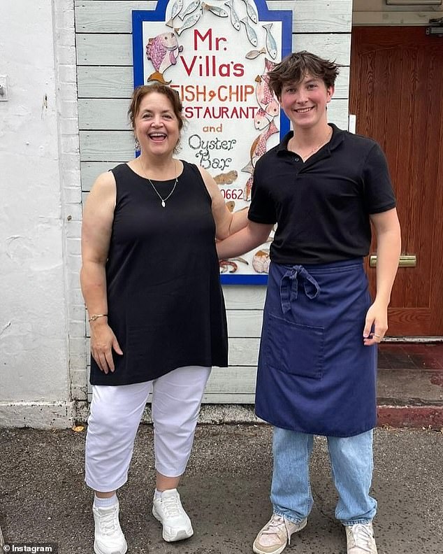 While James met fans outside an ice cream parlour, Ruth Jones posed with a quirky fish and chip shop worker.