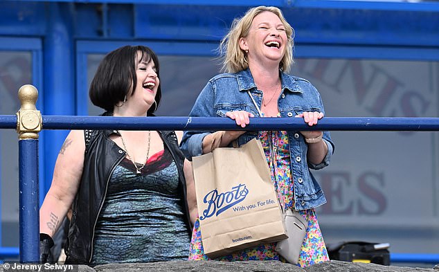 On Tuesday, James, Joanna, who plays the eponymous Stacey Shipman, and Ruth Jones, who plays Nessa Jenkins, shared a laugh on their set in Barry Island, Wales, for the second day of filming.