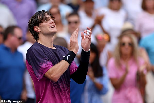 Draper pictured celebrating after beating Czech player Tomas Machac in his previous match