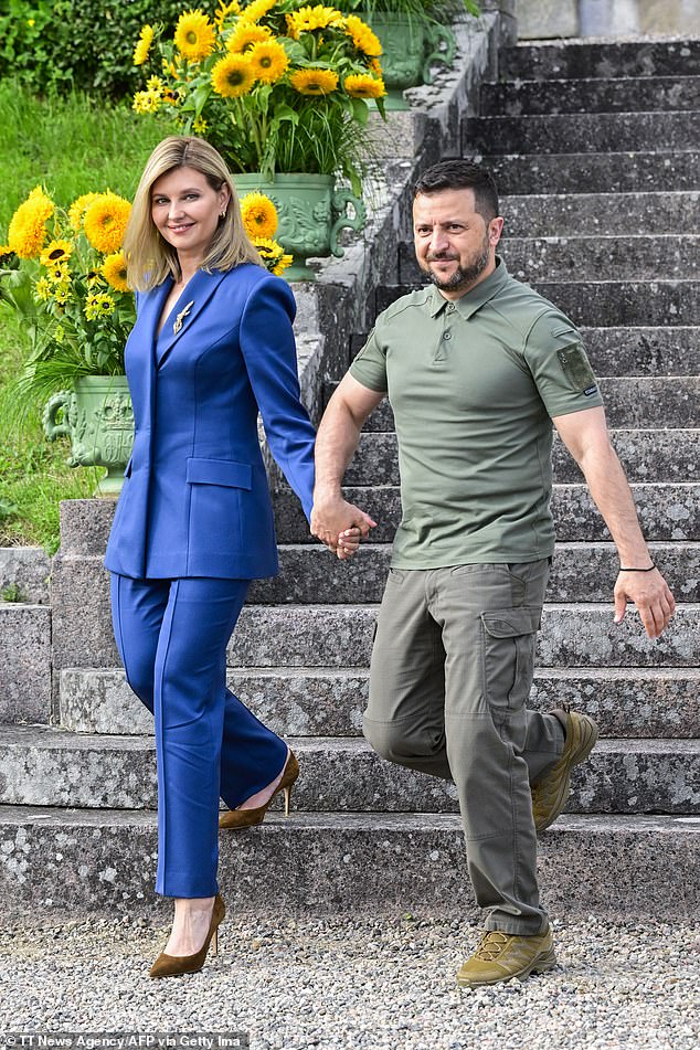 President Zelensky and his wife Olena Zelenska are pictured in the garden of Stenhammar Palace in Flen, southwest of Stockholm, during the state visit of the presidential couple to Sweden on August 19, 2023.