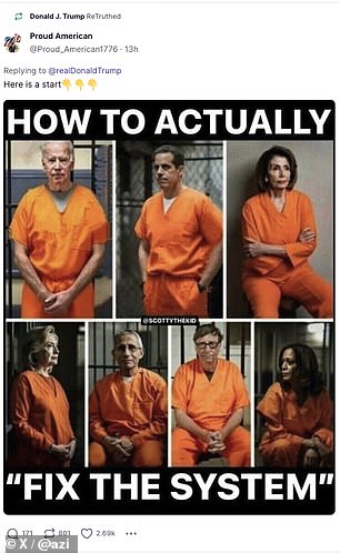 Another post showed President Joe Biden, his son Hunter, Nancy Pelosi, Hillary Clinton, Dr. Anthony Fauci, Bill Gates and Harris in prison garb, saying: 