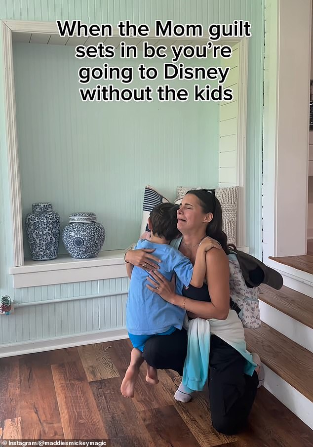 Her controversial post begins with the mother crying as she hugs her son while heading off on her solo trip to Disney.