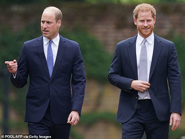 Prince William and Prince Harry arrive for the unveiling of a statue of their mother Princess Diana in The Sunken Garden at Kensington Palace, London on July 1, 2021.