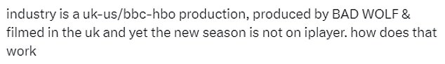 British fans have taken to X, formerly Twitter, to share their thoughts after the third season of Industry hit American screens first.