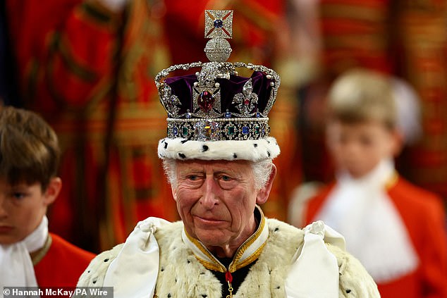 The 317.4 carat Cullinan II, often called the Second Star of Africa, is housed in the Imperial State Crown. Above: King Charles III wearing the Imperial State Crown during the State Opening of Parliament this year