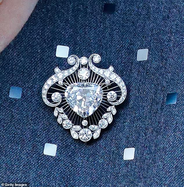 The heart-shaped Cullinan V set in a brooch worn by Queen Elizabeth. It was originally created for use by Queen Mary