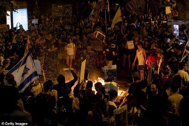 Protesters set fires during a demonstration on the second day of protests demanding a deal on Gaza on September 2, 2024 in Tel Aviv, Israel