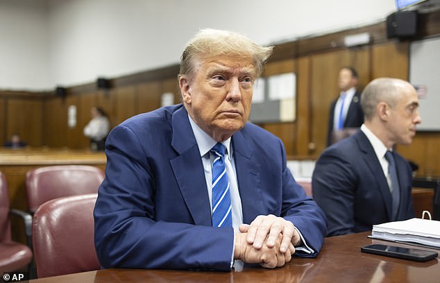 Former President Donald Trump awaits the start of proceedings on the second day of jury selection in Manhattan criminal court, April 16, 2024, in New York.