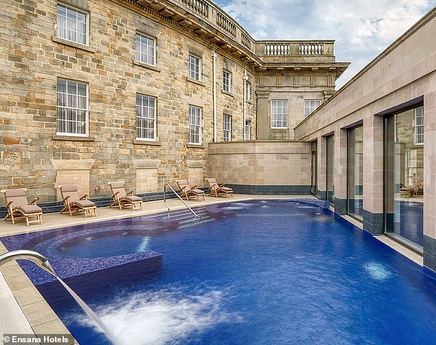 Angela is staying at the Buxton Crescent hotel, which has a chemical-free pool filled with mineral water and a rooftop pool (pictured)