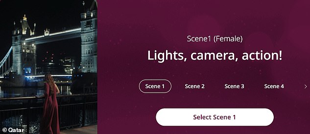 Users can choose from scene locations including a Qatar Airways flight, London, Doha and Tokyo.