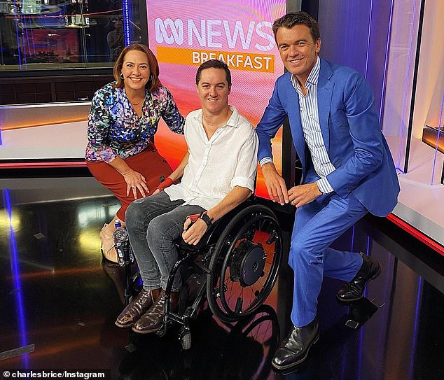 Mr Brice (pictured with News Breakfast presenters Lisa Millar and Michael Rowland) urged Australians not to lean on the ledge when using accessible showers while travelling overseas.