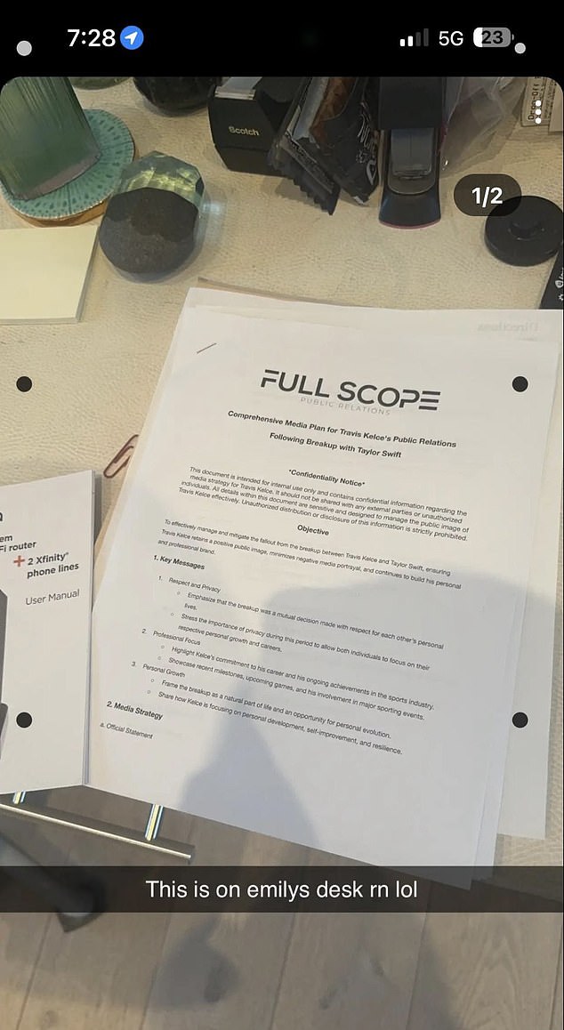 The alleged 'contract' that says: 'Comprehensive media plan for Travis Kelce's public relations. Following the breakup with Taylor Swift'