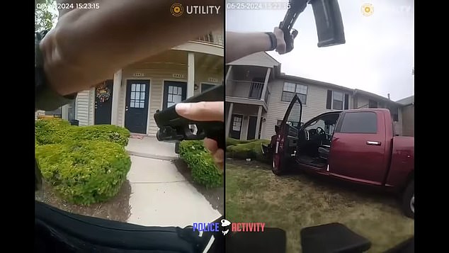 The footage shows police approaching the house where he is believed to be.