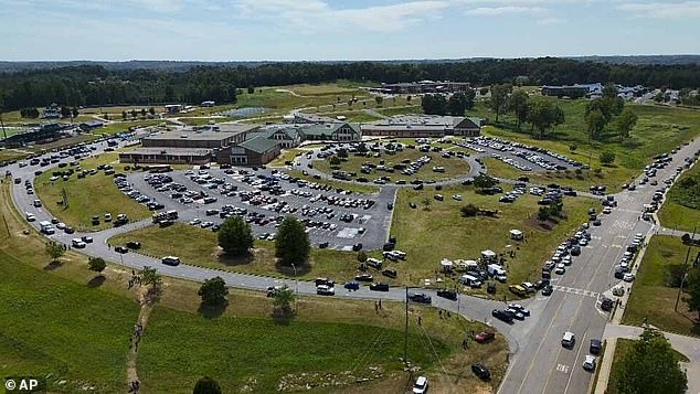 An aerial view of the scene outside the high school after the shooting.