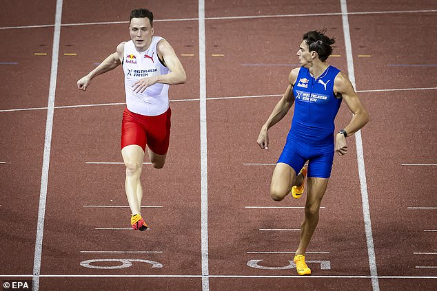 Duplantis (right) won the race while Warholm (left) struggled to maintain pace in the sprint.