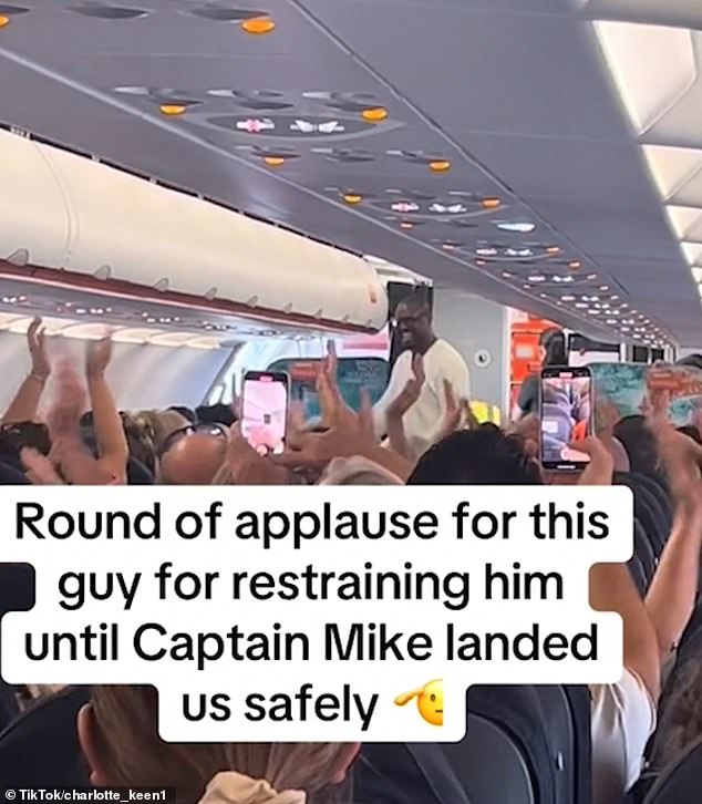 Police arrested the hooligan and escorted him away in handcuffs, while the other affected passengers were accommodated in hotels (Pictured: The plane cheering on a traveller who helped stop the hooligan)