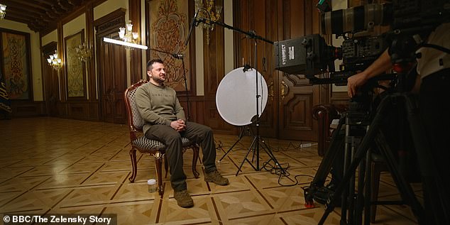 Images of Volodymr Zelensky talking about his teenage years in The Zelensky Story, via BBC