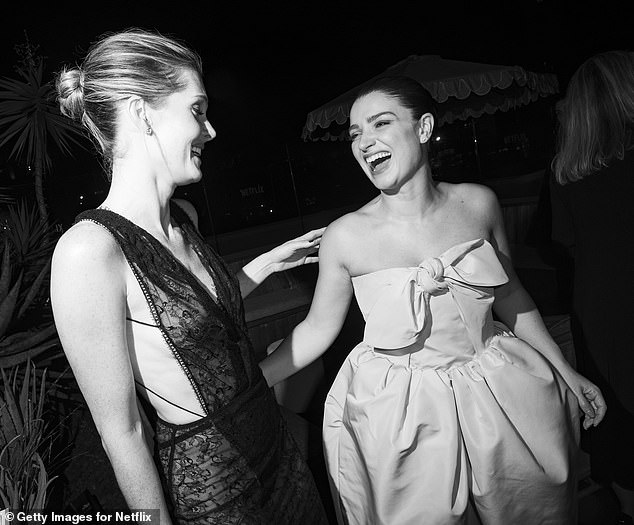 At the after-party, Megan was seen laughing with co-star Eve, 33, who looked gift-wrapped in a loose-fitting pink dress with a bow, exaggerated hips and pockets, and dazzling stilettos selected by stylist Karla Welch.