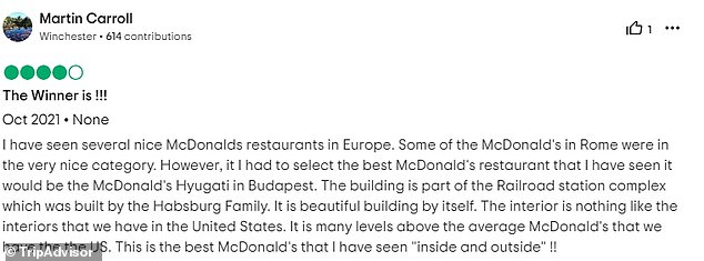 On Tripadvisor, the fast food restaurant has an average rating of four stars and dozens of favorable reviews.