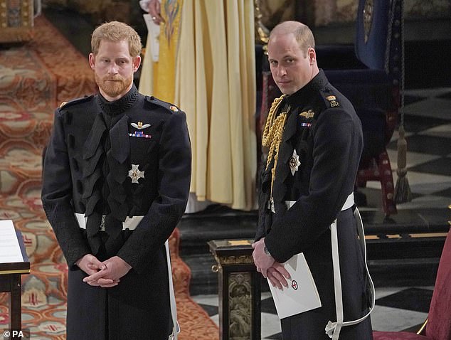 Prince Harry, who has had a beard for several years, revealed on Spare how he asked the Queen for permission to grow facial hair for his wedding to Meghan Markle in 2018. He is pictured during the ceremony with Prince William.