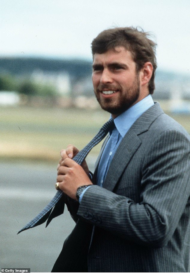 Prince Andrew, perhaps following in the footsteps of his elder brother Charles, also flaunted facial hair in his youth. Above: Bearded at Chester Races, May 1983