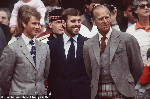 Bearded Prince Andrew stands between his brother Prince Andrew and father Prince Philip during their summer holiday in Scotland in August 1983.