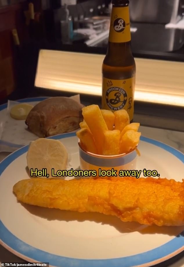 James paid a total of £70 for a portion of fish and chips (pictured), a roll and two beers.