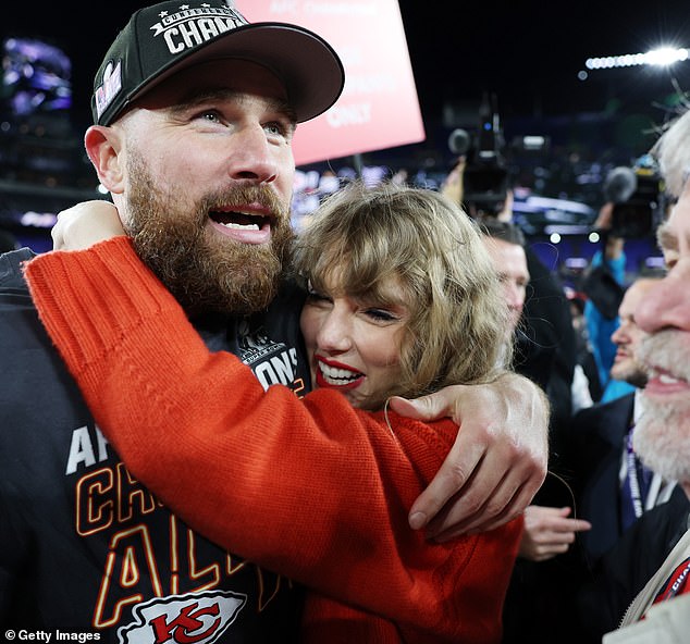 Travis Kelce hugs Taylor Swift after a game in Baltimore in January. Rumors that their relationship was a sham to generate publicity have been debunked