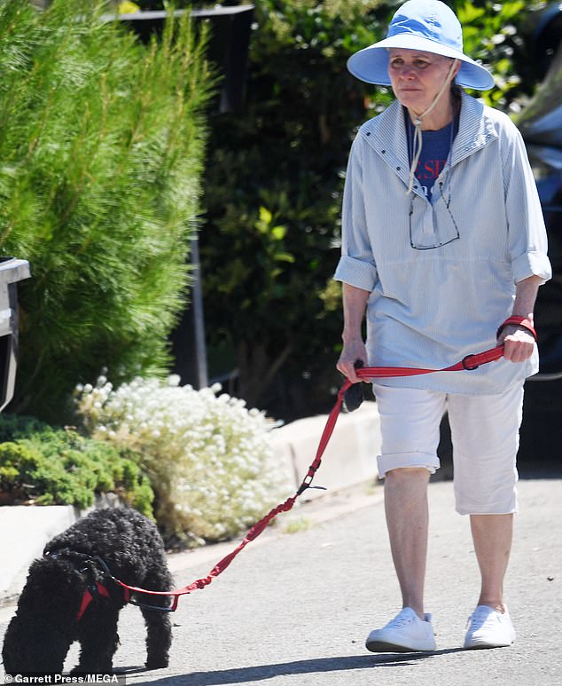 She was wearing a blue and white striped shirt with off-white capri pants and comfortable sneakers.