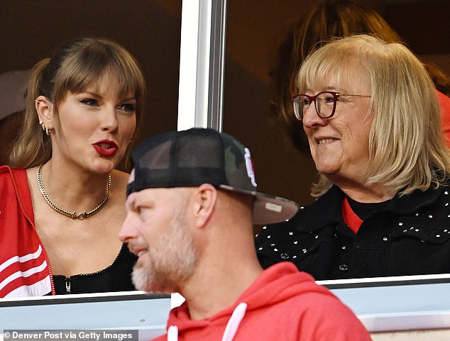 Taylor attended several Chiefs games last season as her romance with Travis blossomed (pictured: Swift with Kelce's mother, Donna)