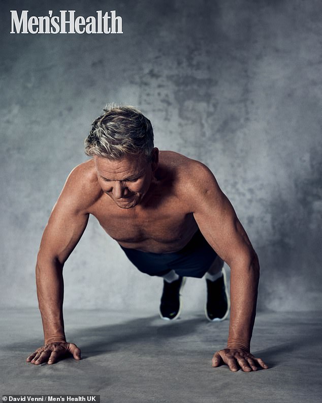 The 57-year-old TV chef showed off his ripped abs and bulging biceps as he did push-ups before changing into his lycra to pose with his bike.