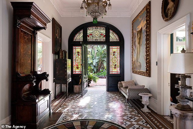 Set in sumptuous grounds in the heart of Darlinghurst and known as Iona, this beautifully preserved Italianate estate boasts seven bedrooms and seven bathrooms. Pictured: the entrance