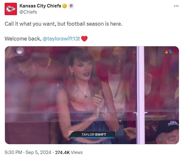 As Swift watched her first game of the season against the Ravens, the Chiefs shared a clip of her in the stands and even quoted one of her famous songs to welcome her back.