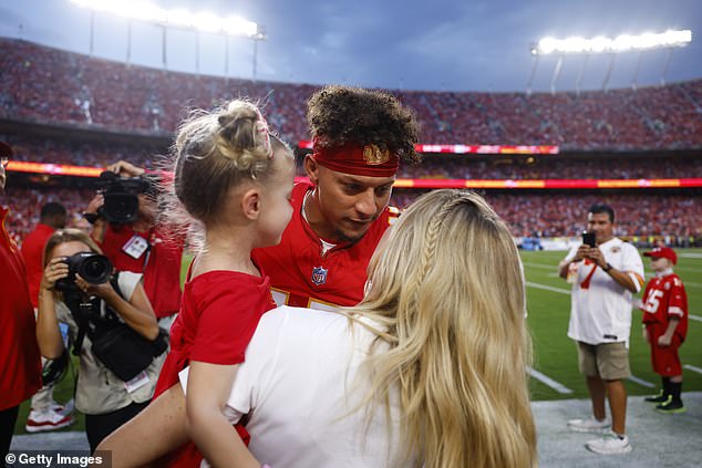 Brittany and her daughter Sterling Skye watched Patrick inspire the Chiefs to a inaugural victory