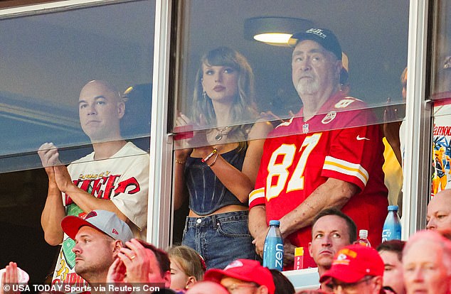 Swift was sitting next to Kelce's father, Ed (right), in a private suite at Arrowhead on Thursday night.