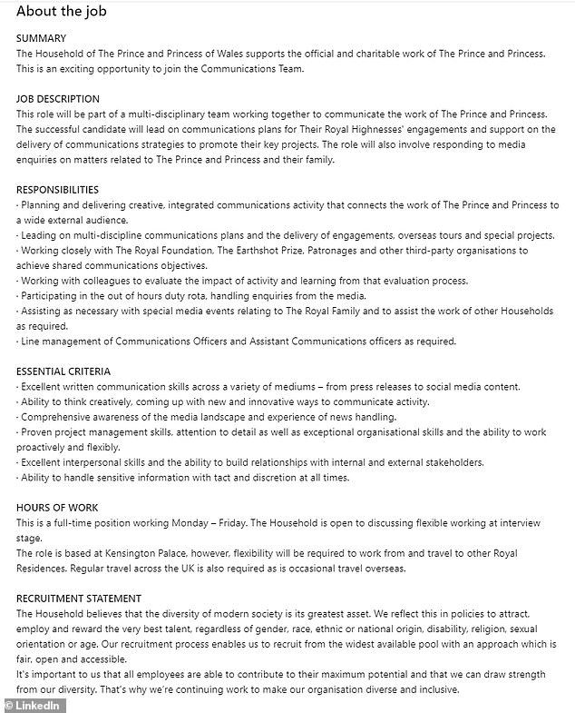 The chosen person will also be required to work and travel to other royal residences, such as Buckingham Palace and Balmoral Castle.